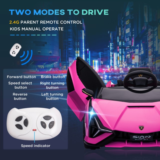 HOMCOM Ηλεκτρικό Αυτοκίνητο για Παιδιά 3-5 ετών Lamborghini 12V με Τηλεχειριστήριο και Ταχύτητα 3-5km/h, Ροζ 370-171V90PK