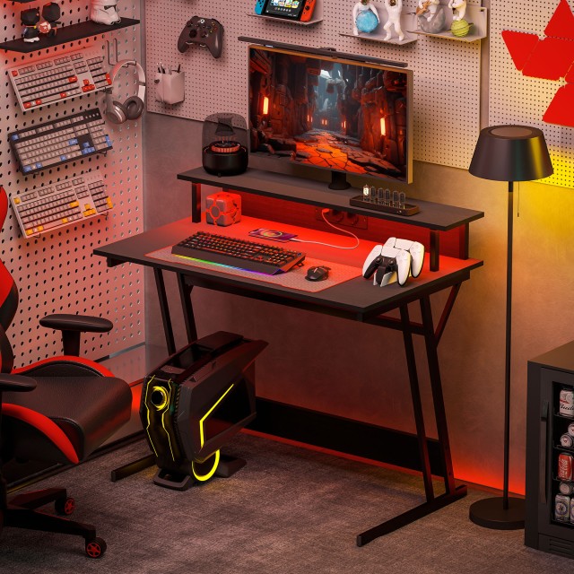 HOMCOM  Γραφείο Gaming με LED Φώτα και Υποστήριξη για Οθόνη, από Μοριοσανίδα και Ατσάλι, 100x60x88.5 εκ., Μαύρο  920-094V90BK