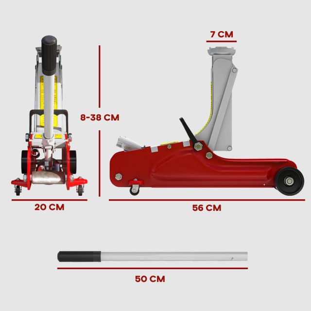 HOMCOM Χαμηλός Υδραυλικός Γρύλος με Ανύψωση 8-38cm Ενισχυμένο Ατσάλι με Χωρητικότητα 2.5 Τόνους Κόκκινο C20-055V00RD