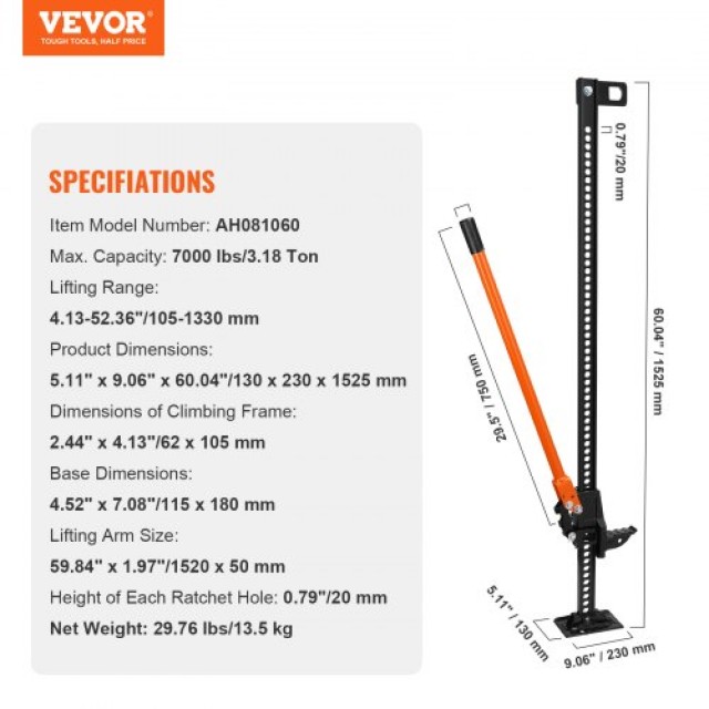 VEVOR  Υδραυλικός Γρύλος Αγροτικού 60, 7000 lbs, Πορτοκαλί NCJYQJDHJG60I6KU2V0