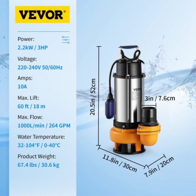 Αντλία Βυθιζόμενη VEVOR 2200W, 60000L/H, με 10μ Καλώδιο & Αυτόματο ...