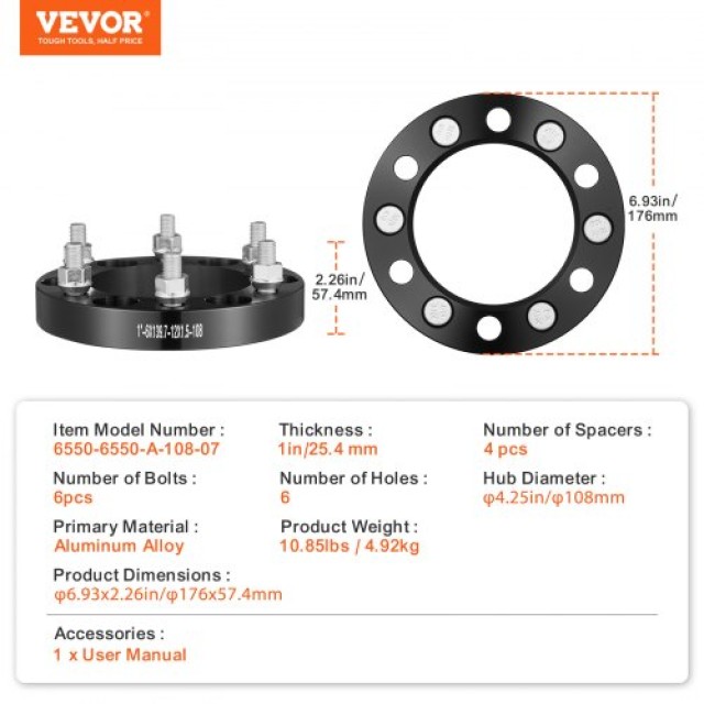 VEVOR Αποστάτες Τροχών 1 6x5.5 6 Λουγ 4 Τεμ Μαύρο  LSSFLP1YC6X5PNQ5TV0
