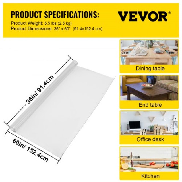 Διαφανές Κάλυμμα Τραπέζης VEVOR 36x60 εκ., 1.5 χιλ.  FXPVC15MM3660HHGIV0
