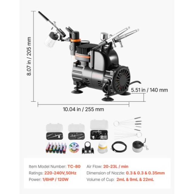 VEVOR Σετ Αερογράφου με Κομπρεσέρ 1/6 HP και 3 Αερογράφους με Ανταλ...