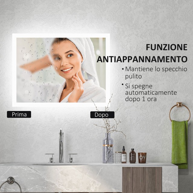 Kleankin Καθρέφτης Μπάνιου με Ρυθμιζόμενα Φώτα LED, Έλεγχος Αφής και Αντιθαμβωτική Λειτουργία, 70x50 εκ. 834-590V00CR
