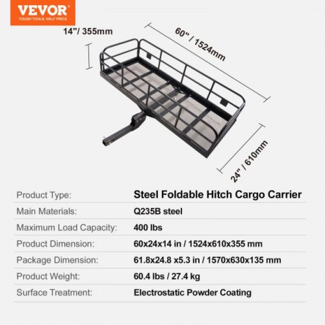 VEVOR Φορτωτής Ρυμούλκησης, 60 x 24 x 14 in, 400lbs, για 2 Υποδοχή  CHXL60241440019GAV0
