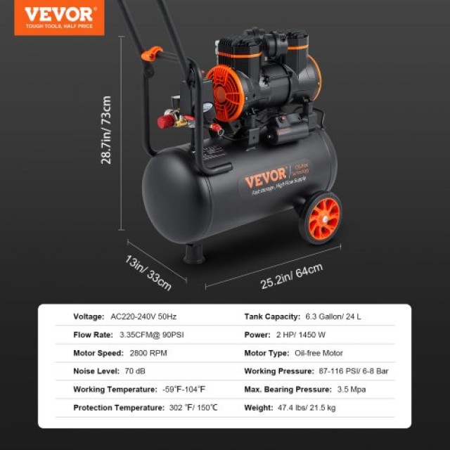 VEVOR Αεροσυμπιεστής 6.3 Γαλόνια 1450W 3.35 CFM@ 90PSI 70 dB Υπερ-Ήσυχος Χωρίς Λάδι  W24L1450W220V09PIV2
