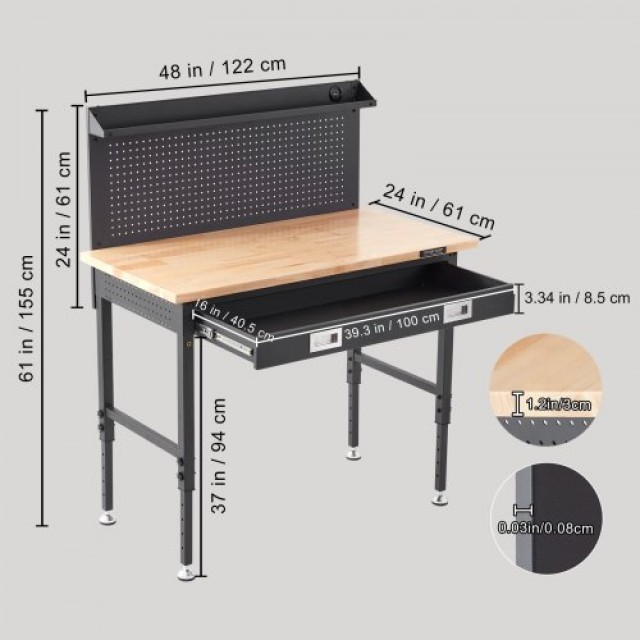 VEVOR  Πολυλειτουργικός Ξύλινος Πάγκος 48x24 με Πίνακα & Πρίζες  DGBG48X24INCHD1NXV2