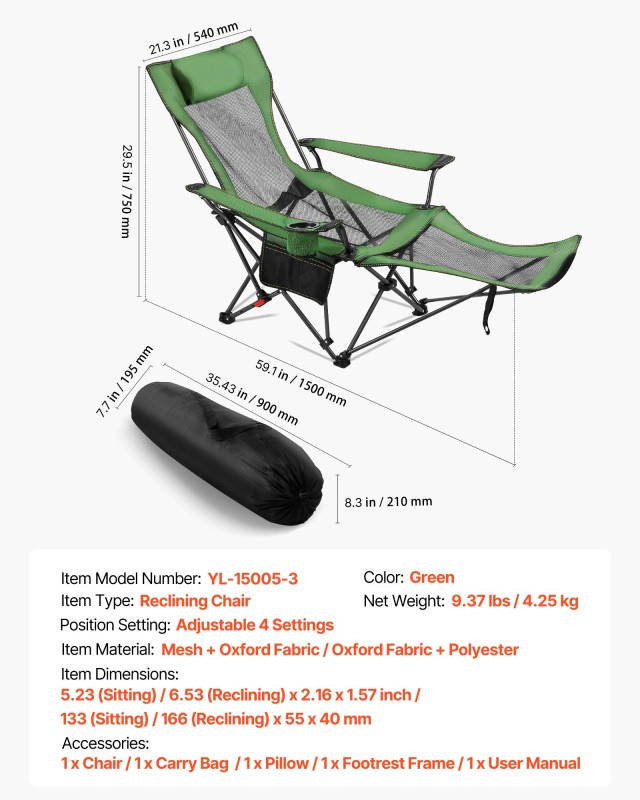 VEVOR Πτυσσόμενη Πολυθρόνα Παραλίας, 4 Ρυθμιζόμενες Θέσεις, 166cm x...