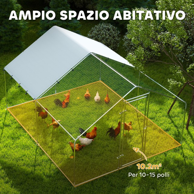 PawHut  Περίφραξη για Κοτόπουλα 10,2m² για 10-15 Κοτόπουλα με Αδιάβροχη Στέγη, από Ατσάλι και Ύφασμα, 3x3.4x1.9 m, Ασημί  D51-435V01SR