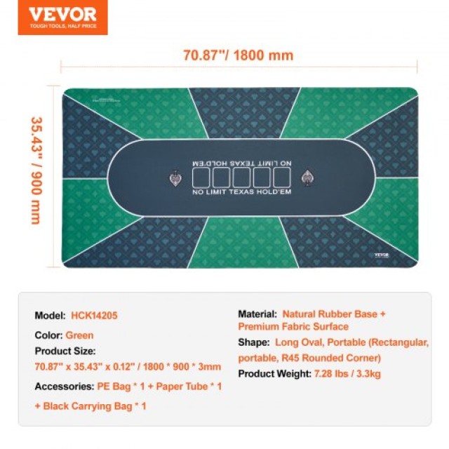 VEVOR Πτυσσόμενο Τραπέζι Πόκερ 70x35 εκ. για 6-8 Παίκτες με Τσάντα Πράσινο  PKZD705X355IZFMI9V0