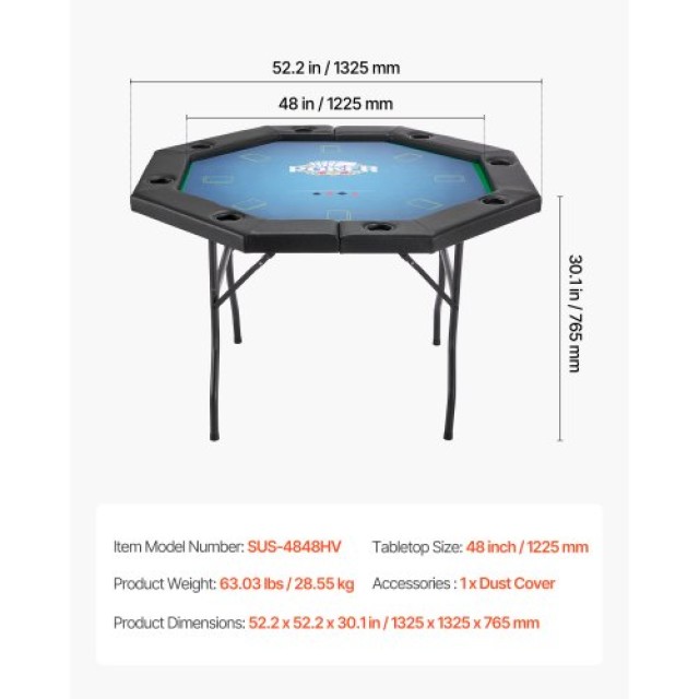 VEVOR Πτυσσόμενο Τραπέζι Πόκερ 1220 mm για 8 Παίκτες - Καζίνο Texas...