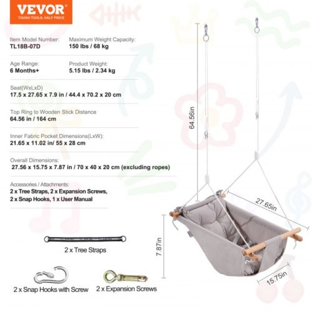 Κούνια VEVOR Καμβά 3 σε 1 για Μωρά με Ζώνη 5 Σημείων Εσωτερικού/Εξω...