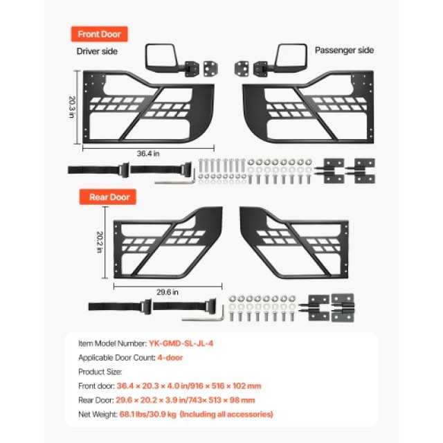 VEVOR Τετράθυρες Σωληνωτές Πόρτες για Jeep Wrangler JL 2018-2024 JPCGM4M1824JEOK0NV0