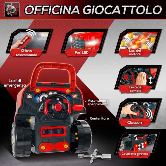 HOMCOM Workshop Toy Truck με μοτέρ και 61 αξεσουάρ για παιδιά 3-5 ετών, ρόδες και λαβή, 40x39x47cm - Κόκκινο 350-129