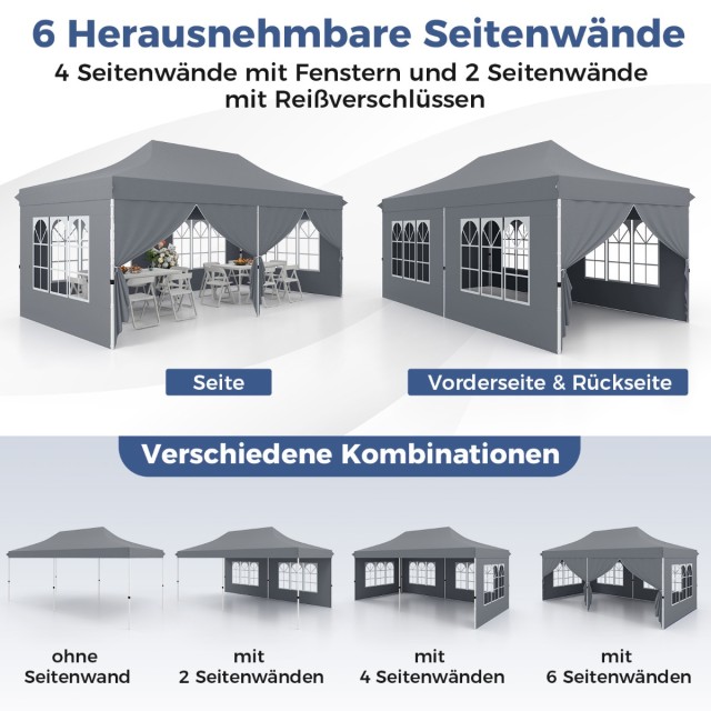 Costway Γκρι Αναδιπλούμενο Περίπτερο 3x6μ με 6 Αφαιρούμενα Πλευρικά...