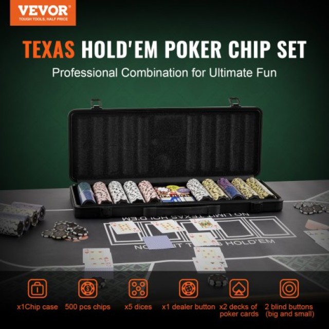 Σετ Πόκερ VEVOR 500 Τεμαχίων με Βαλιτσάκι, Μάρκες 14g, Τράπουλες, Κουμπιά & Ζάρια  PKCMTZCLAY50H2LS7V0