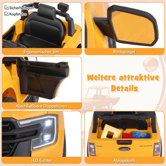 Costway Παιδικό Ηλεκτρικό Αυτοκίνητο Ford Ranger με Πολυμέσα και Ασφαλή Οδήγηση TQ10282DE-YW