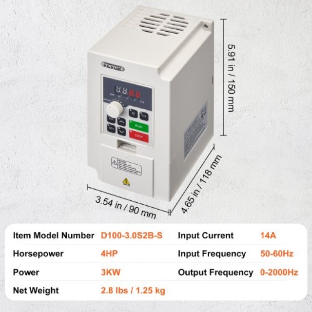 VEVOR Μετατροπέας Συχνότητας 4HP 3KW 14A 1 ή 3 Φάσεων AC 220V Είσοδος σε 3 Φάσεων AC 0~220V Έξοδος BPQDQ3KW220VKM54OV7