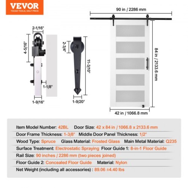 Σετ Συρόμενης Πόρτας VEVOR 42 x 84 Ξύλο & Γυαλί  BLGCMTZSMMKBKWTW9V0