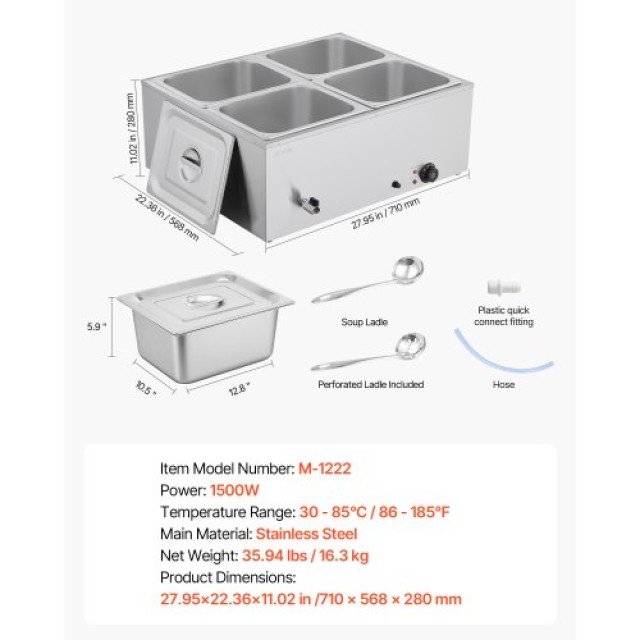 VEVOR Μπεν Μαρί 4 Θέσεων 1500W Επιτραπέζιο Ζέσταμα Τροφίμων με Καπά...