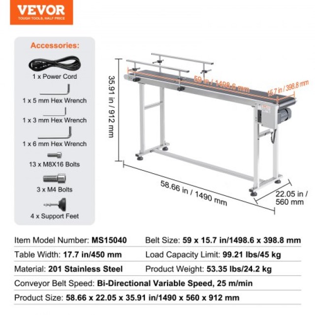 VEVOR Μεταφορική Ταινία 59x15.7, Ανοξείδωτη, Ρυθμιζόμενη Ταχύτητα, Διπλό Κάγκελο  PDSSJ59X157IYEP9OV2
