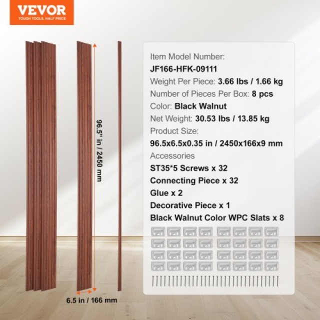 VEVOR  Ξύλινα Ακουστικά Πάνελ 8 Τεμ 96x6 εκ Μαύρη Καρυδιά  WPCBTQBHHTMLC85QHV0
