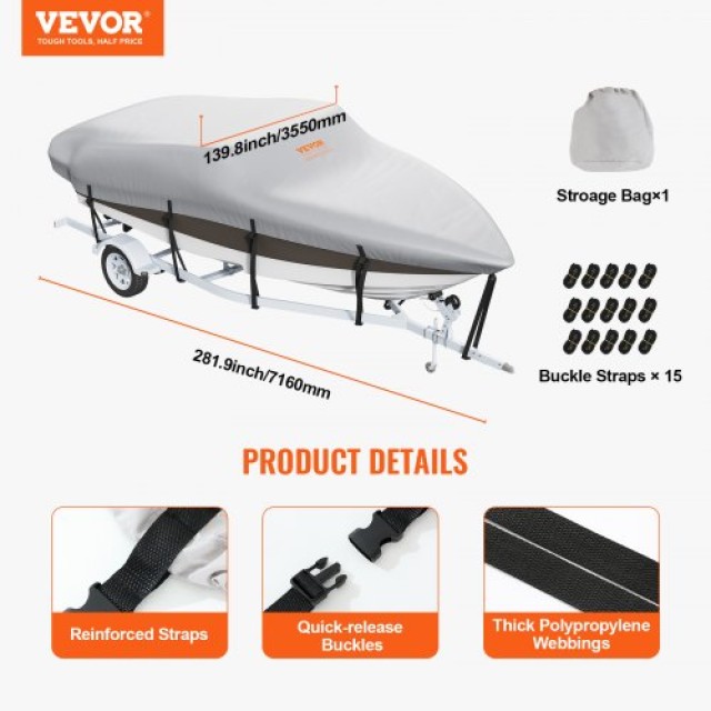 Κάλυμμα Σκάφους VEVOR 6090-6700 mm, Αδιάβροχο, 600D PU Oxford, με Κάλυμμα Κινητήρα και Ιμάντες, Γκρι  TYCZ600D2022LARNLV0