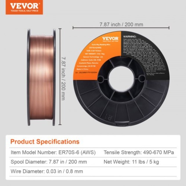 VEVOR Συρματόσχοινο MIG Συγκόλλησης ER70S-6 0.030 11LBS με Χαμηλή Εκτόξευση και Υψηλά Αποξειδωτικά για Όλες τις Θέσεις Αερίου Συγκόλλησης  SXHSJMIGER70SL7MJV0