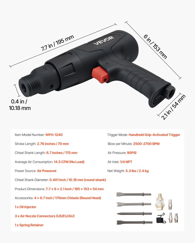 VEVOR Σετ Πνευματικού Σφυριού Air Hammer 2500-2700 BPM με 4 Καλέμια...
