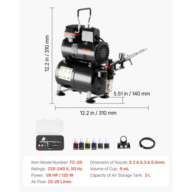 VEVOR Σετ Αερογράφου με Κομπρεσέρ 1/6 HP, Δοχείο και Τρία Στόμια JC...