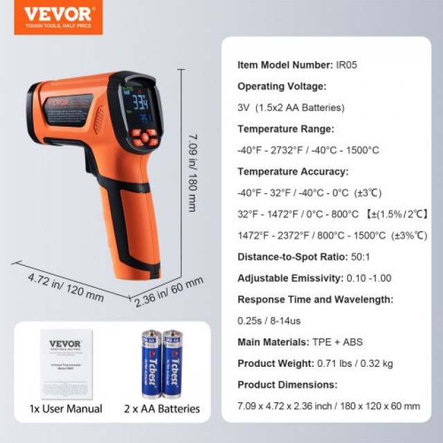 Θερμόμετρο Υπέρυθρων VEVOR -40~2732°F Διπλού Λέιζερ Χωρίς Επαφή  HW...