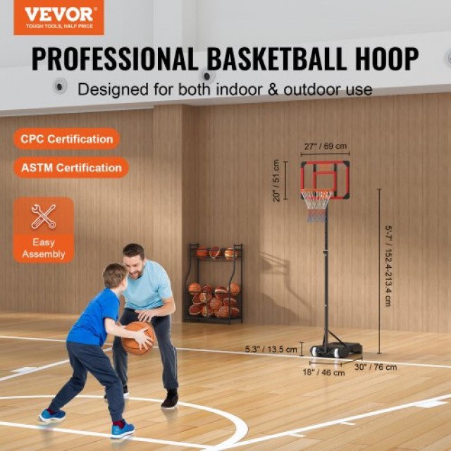 VEVOR Ρυθμιζόμενη Μπασκέτα 5-7 ft, Φορητό Σύστημα με Ταμπλό 28, για Παιδιά & Ενήλικες, με Ρόδες και Γεμιζόμενη Βάση, Εξωτερικού/Εσωτερικού Χώρου  LQK28CKWDJ00OP5HTV0