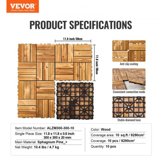 VEVOR  Πλακάκια Δαπέδου Ξύλινα 10τμχ 30x30εκ Καμφοράς για Βεράντα  HDDBSMJZMS10FINP3V0