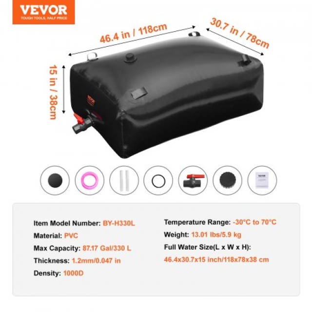 VEVOR Φορητή Δεξαμενή Νερού 87 Γαλόνια PVC Αναδιπλούμενη Δεξαμενή Νερού Μαύρη CSDHSPVCB3306DKO3V0