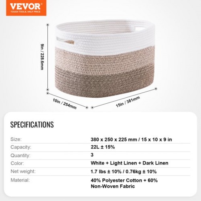 VEVOR  Σετ 3 Υφασμάτινα Καλάθια Οργάνωσης 22L  MZCWLZFTL15W66FY6V0