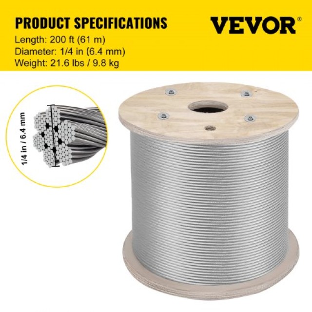 VEVOR Καλώδιο Ανοξείδωτου Χάλυβα 304 7x19 1/4 200ft GSS7X19-6.4MM61...