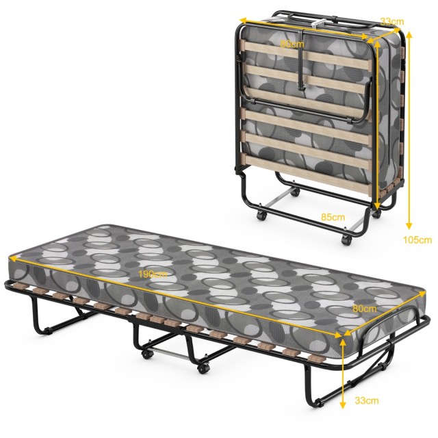Costway Πτυσσόμενο Κρεβάτι με Στρώμα Γκρι 190 x 80 x 33 cm, Ιταλίας...