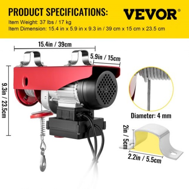 Ηλεκτρικός Γερανός VEVOR 880 lbs με Ασύρματο Χειριστήριο  YKGSSD880220V838TV2