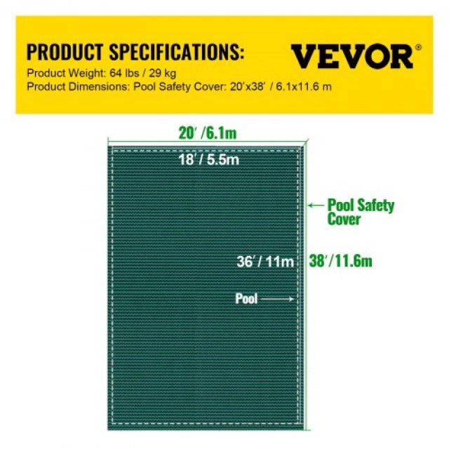 VEVOR  Κάλυμμα Ασφαλείας Πισίνας 18x36FT Πράσινο Δίχτυ για Ορθογώνια Ενσωματωμένη Πισίνα YYCM18X36YCYCG001V0
