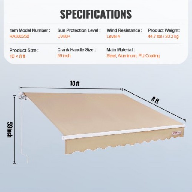 VEVOR  Τέντα Χειροκίνητη Αναδιπλούμενη 10x8 ft, Αδιάβροχη Πολυεστερική Σκίαση με Μανιβέλα για Αυλή/Μπαλκόνι  SSSZYPKQSQBSA2Y80V0