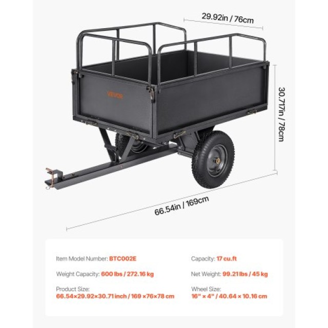 VEVOR Ατσάλινο Κάρο 17 Κυβ. Πόδια 600LB για ATV/UTV Ρυμουλκούμενο Β...