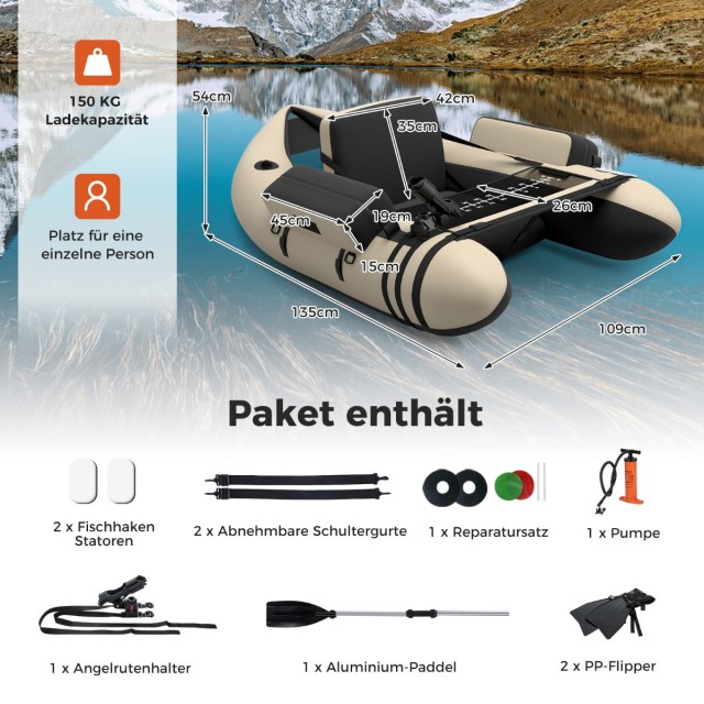 Costway Φουσκωτή Βάρκα Ψαρέματος με Ρυθμιζόμενη Πλάτη 135 x 109 x 5...