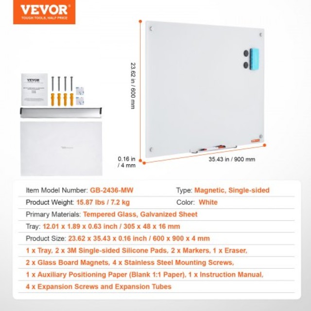 Μαγνητικός Γυάλινος Πίνακας VEVOR 36x24, Τοίχου, με Δίσκο, Σβήστρα & 2 Μαρκαδόρους, Λευκός  CXGCBLBGHBL3CGGHBV0