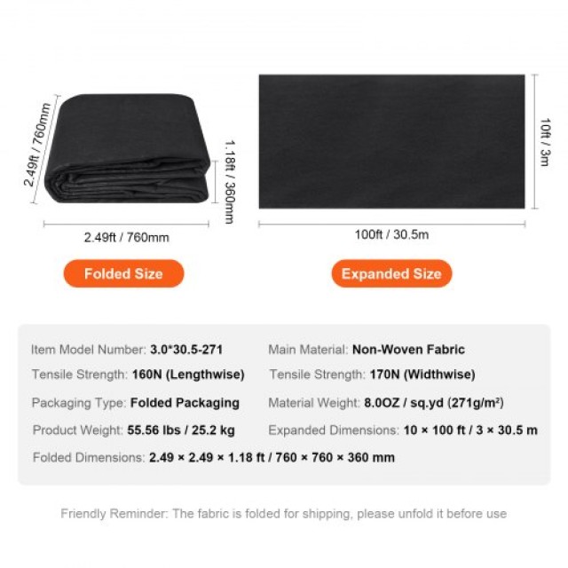 VEVOR Υφασμάτινο Γεωύφασμα 10x100FT 8OZ για Δρόμους & Αποστραγγίσεις  WFB10100FT808Q6FRV0