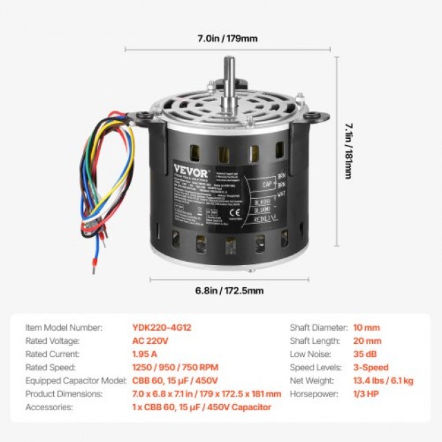 VEVOR Κινητήρας Φυσητήρα Καμίνου 1/3HP 220V 1.95A 1250RPM 3 Ταχυτήτ...