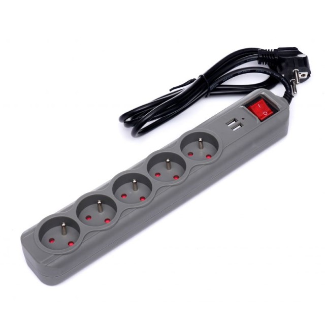 Πολύπριζο με 5 Υποδοχές + 2 Θύρες USB & Καλώδιο 1,5m Γκρι KD-4033