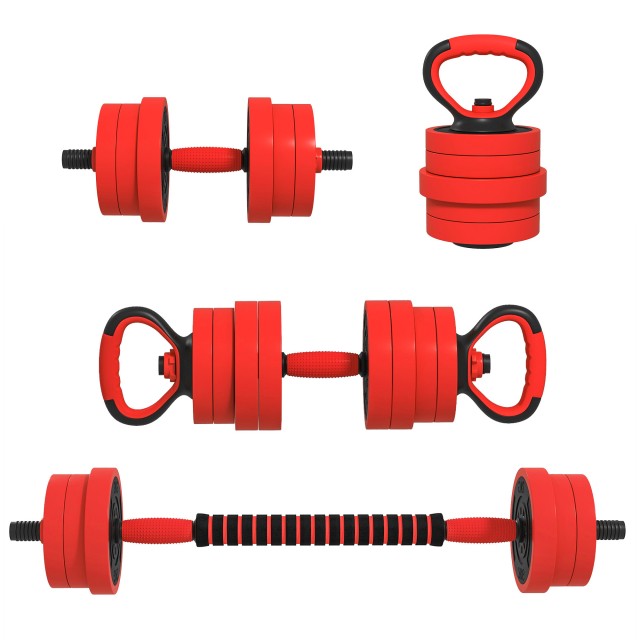SPORTNOW Σετ Βαρών Γυμναστηρίου 4 σε 1 των 20kg, Μετατρέψιμο σε Kettlebell, 2 Αλτήρες, Μπάρα και Υποστήριξη για Κάμψεις, Κόκκινο A91-287V00RD