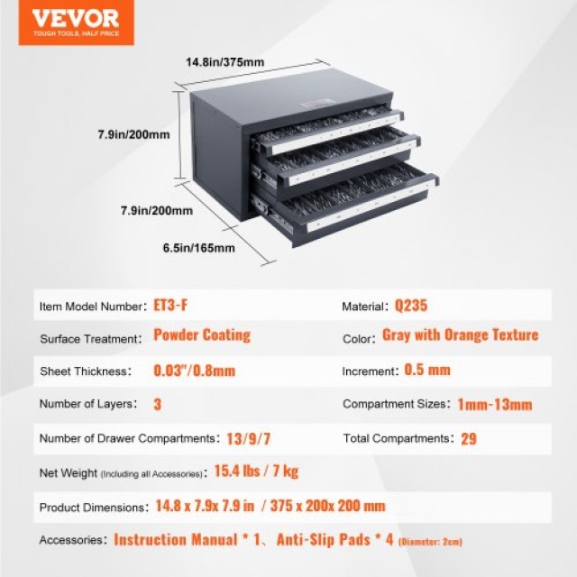 Ντουλάπι Οργάνωσης Τρυπανιών VEVOR, Τριών Συρταριών, 1-13mm, Μεταλλικό, Στοιβαζόμενο  ZTFPGJX1MMD1B8D3JV0