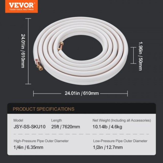 Σετ Σωληνώσεων VEVOR Mini Split 6.4x12.7 x7620mm με Καλώδιο Σύνδεσης  KDLJGTJ14INCROCV1V0